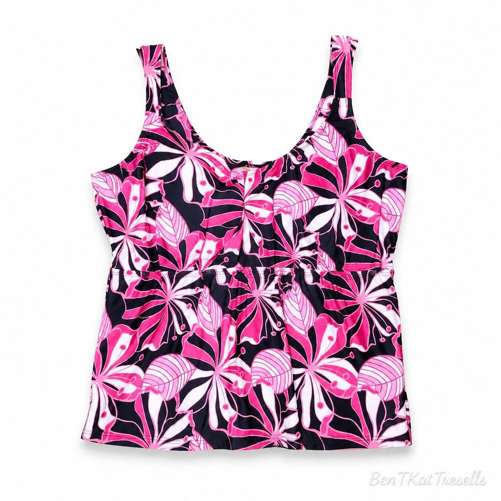 Beach Belle 26W Plus Size Tankini Swim Top Pink Black Tropical Floral Barbiecore